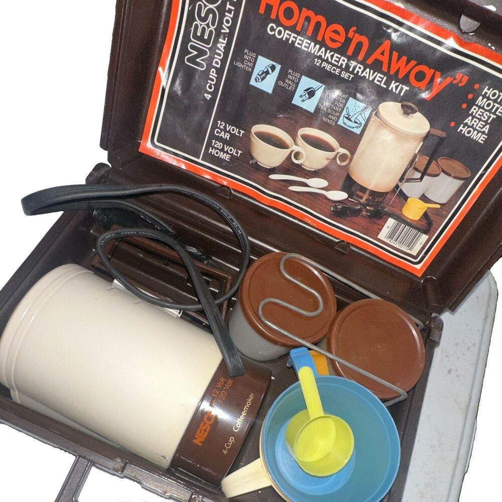 Vintage NESCO Home ’N Away 4 Cup Coffee Maker Travel Kit 12V 120V Case RV